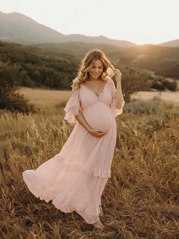 Vestido Premamá Maxi Rosa Fluido con Volantes para Sesión de Fotos