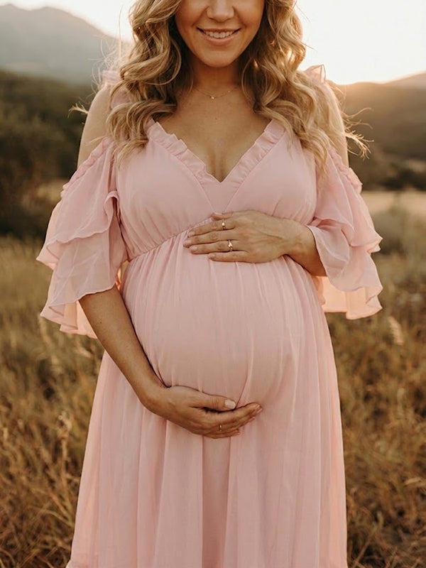 Vestido Premamá Maxi Rosa Fluido con Volantes para Sesión de Fotos