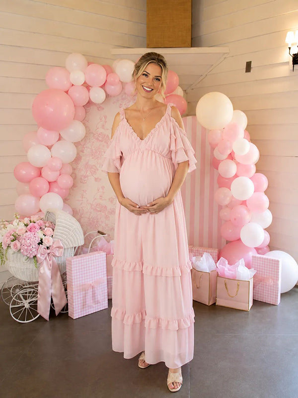 Vestido Premamá Maxi Rosa Fluido con Volantes para Sesión de Fotos