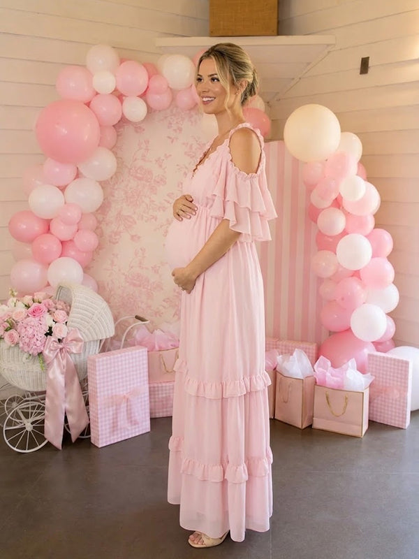 Vestido Premamá Maxi Rosa Fluido con Volantes para Sesión de Fotos