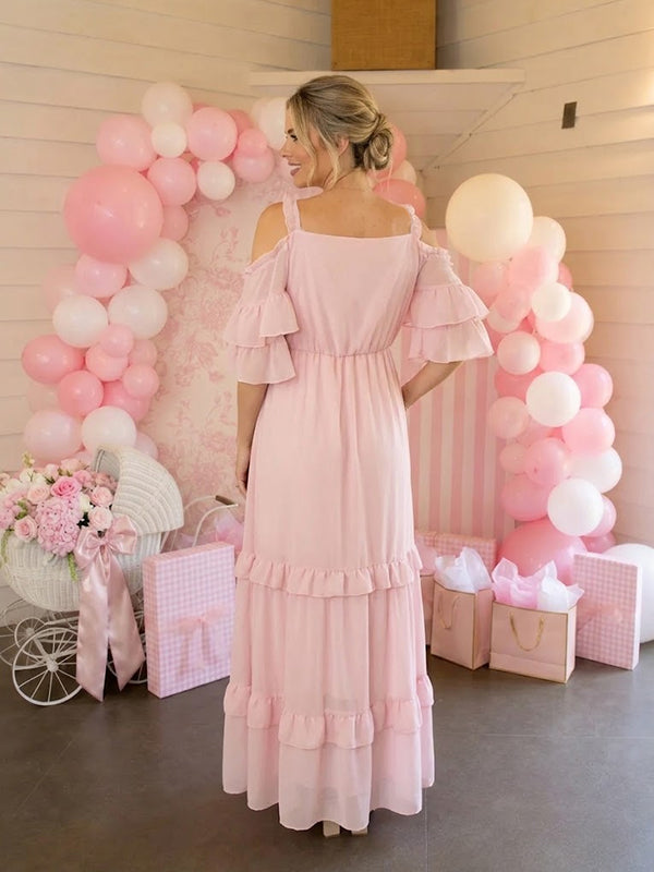 Vestido Premamá Maxi Rosa Fluido con Volantes para Sesión de Fotos