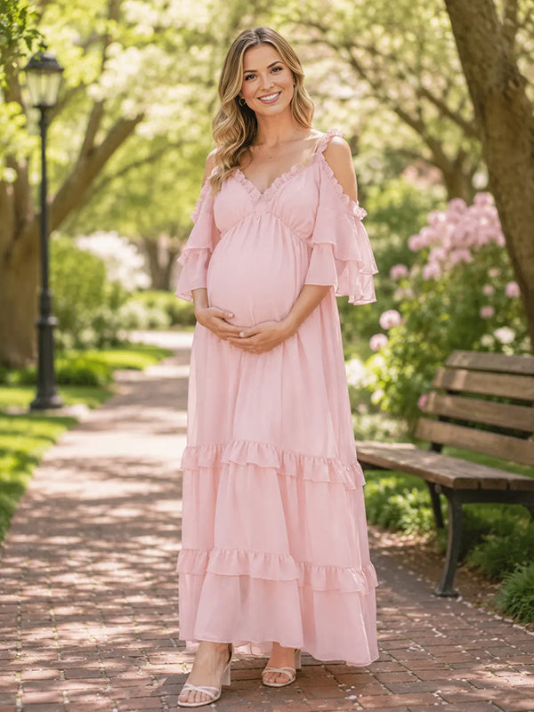 Vestido Premamá Maxi Rosa Fluido con Volantes para Sesión de Fotos