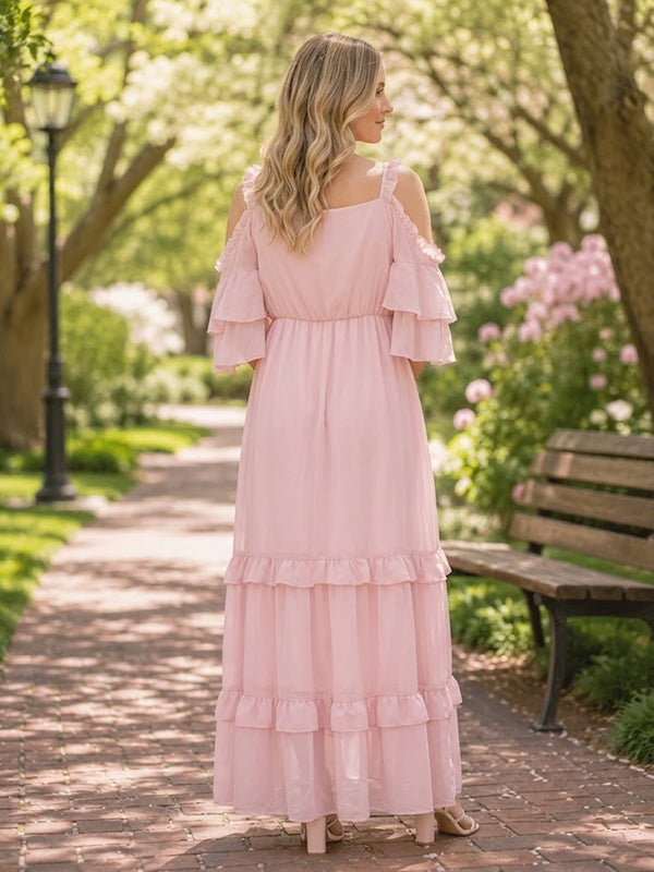 Vestido Premamá Maxi Rosa Fluido con Volantes para Sesión de Fotos