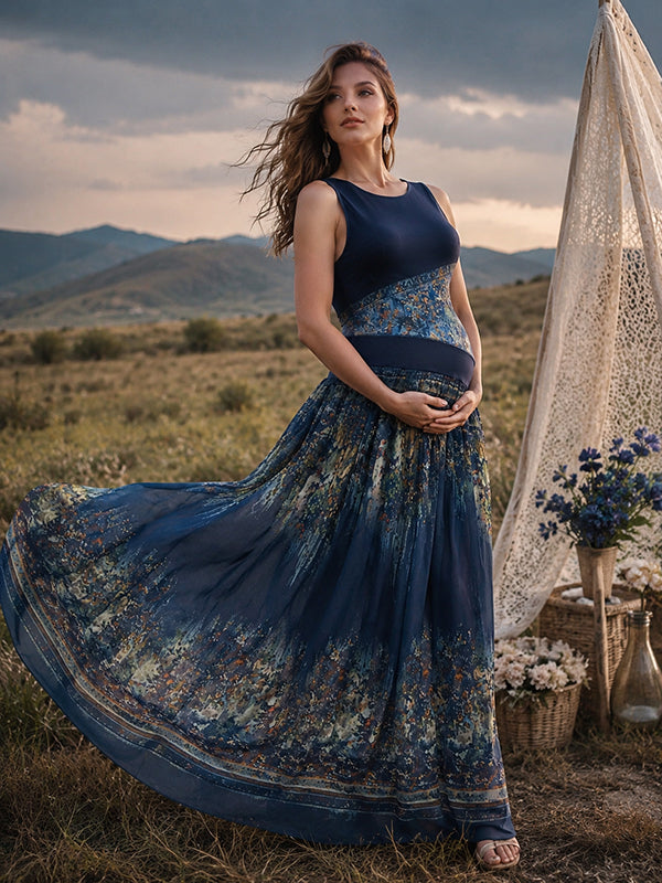 Vestido Premamá Maxi Azul Floral Fluido para Sesión de Fotos