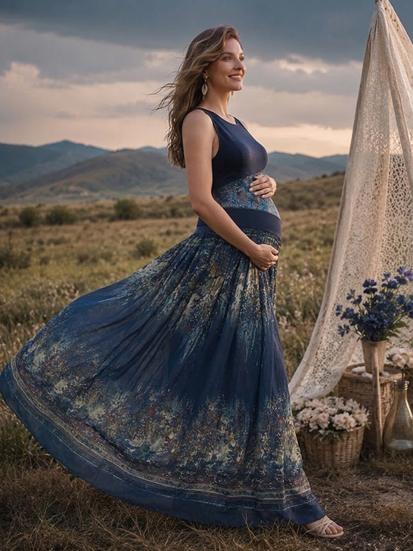 Vestido Premamá Maxi Azul Floral Fluido para Sesión de Fotos
