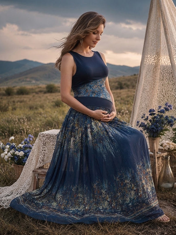 Vestido Premamá Maxi Azul Floral Fluido para Sesión de Fotos