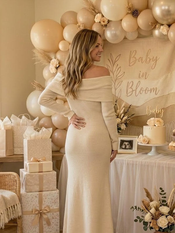Vestido Premamá Maxi Elegante con Hombros Descubiertos para Baby Shower