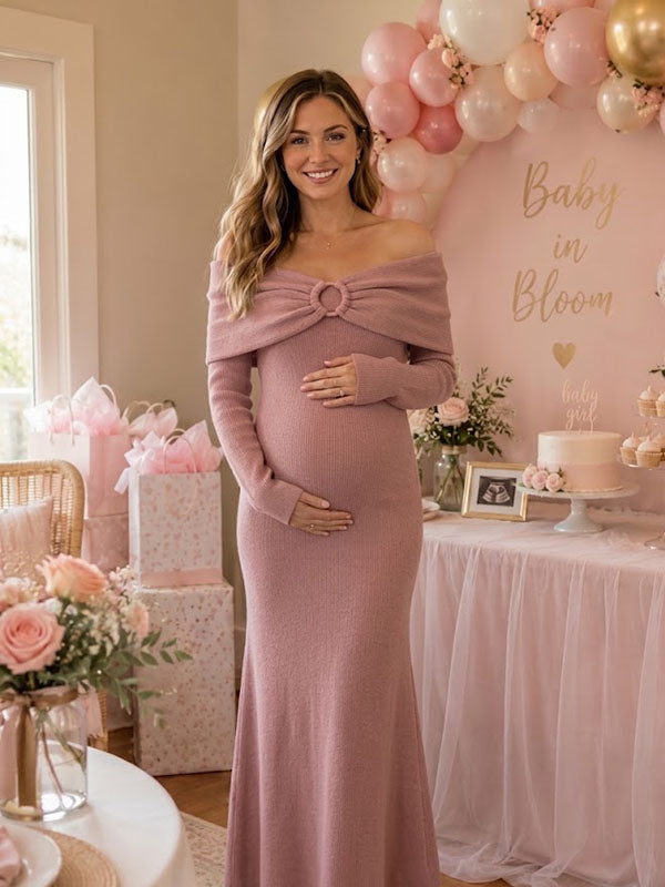 Vestido Premamá Maxi Elegante con Hombros Descubiertos para Baby Shower