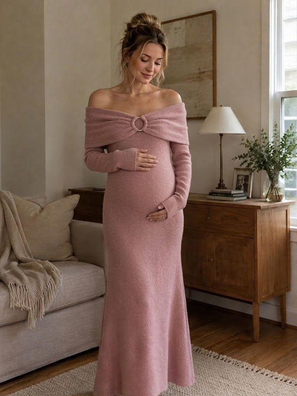 Vestido Premamá Maxi Elegante con Hombros Descubiertos para Baby Shower