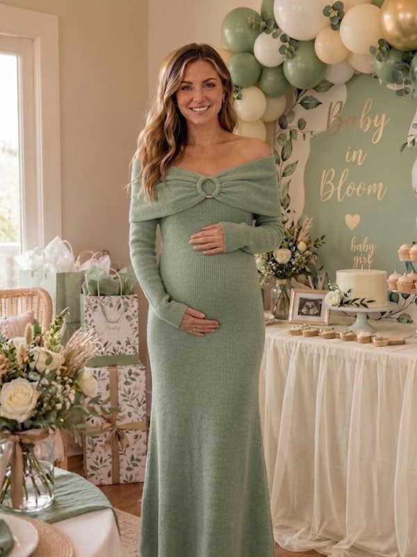 Vestido Premamá Maxi Elegante con Hombros Descubiertos para Baby Shower
