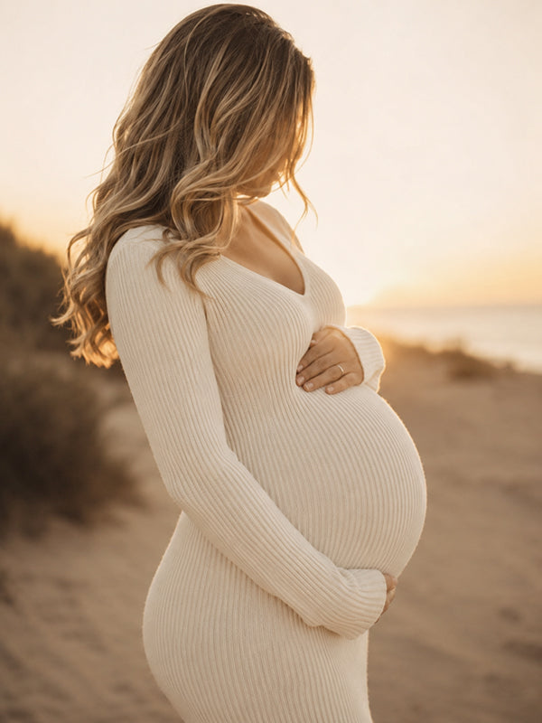 Vestido Premamá Maxi Elegante de Crochet con Escote V para Sesión de Fotos
