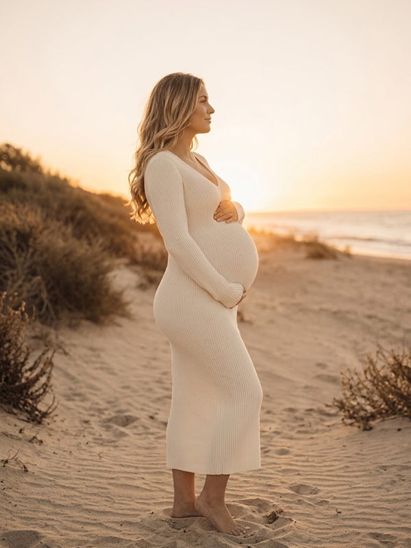 Vestido Premamá Maxi Elegante de Crochet con Escote V para Sesión de Fotos