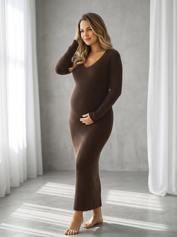 Vestido Premamá Maxi Elegante de Crochet con Escote V para Sesión de Fotos