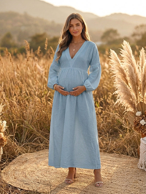 Vestido Premamá Maxi Boho Fluido de Corte A para Sesión de Fotos