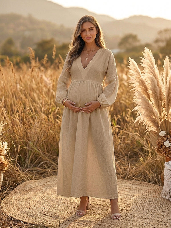 Vestido Premamá Maxi Boho Fluido de Corte A para Sesión de Fotos