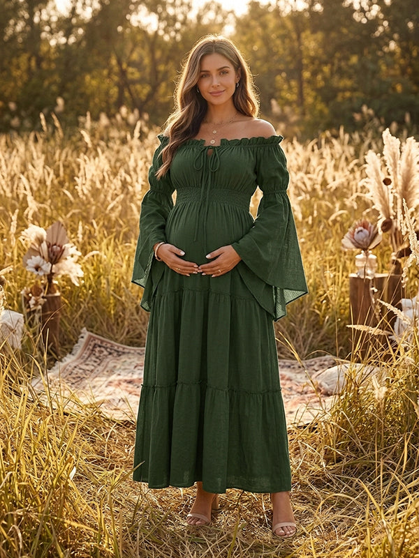 Vestido Premamá Maxi Boho Fluido con Hombros Descubiertos para Sesión de Fotos