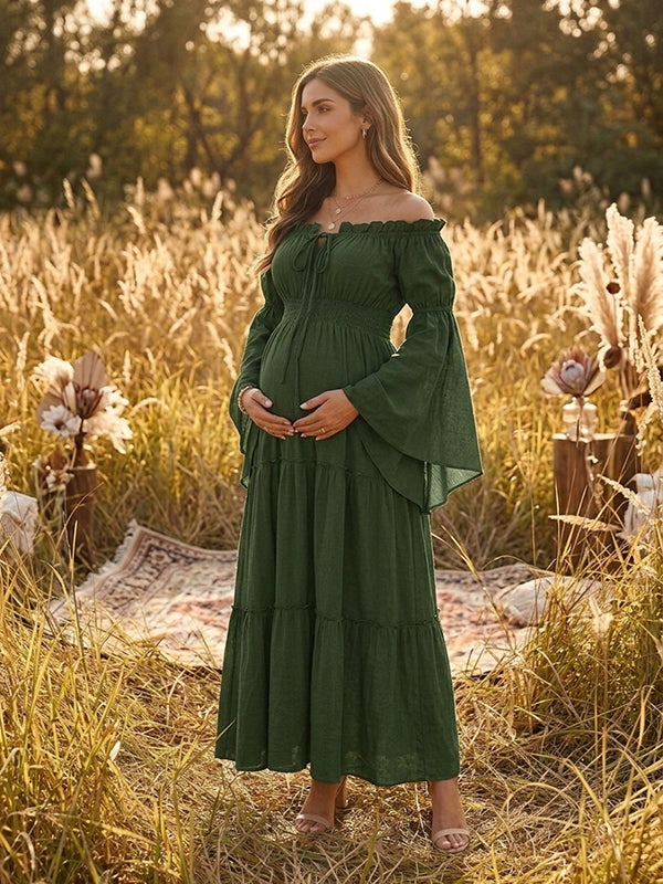 Vestido Premamá Maxi Boho Fluido con Hombros Descubiertos para Sesión de Fotos