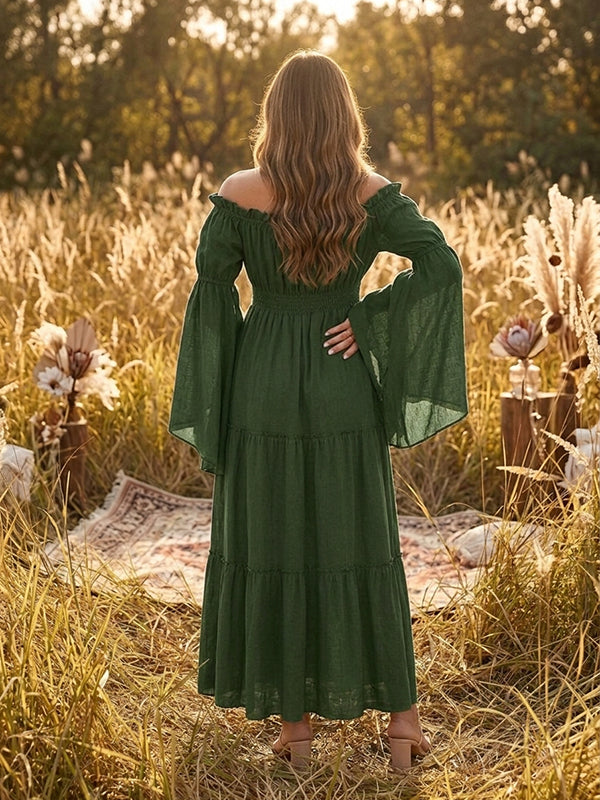 Vestido Premamá Maxi Boho Fluido con Hombros Descubiertos para Sesión de Fotos
