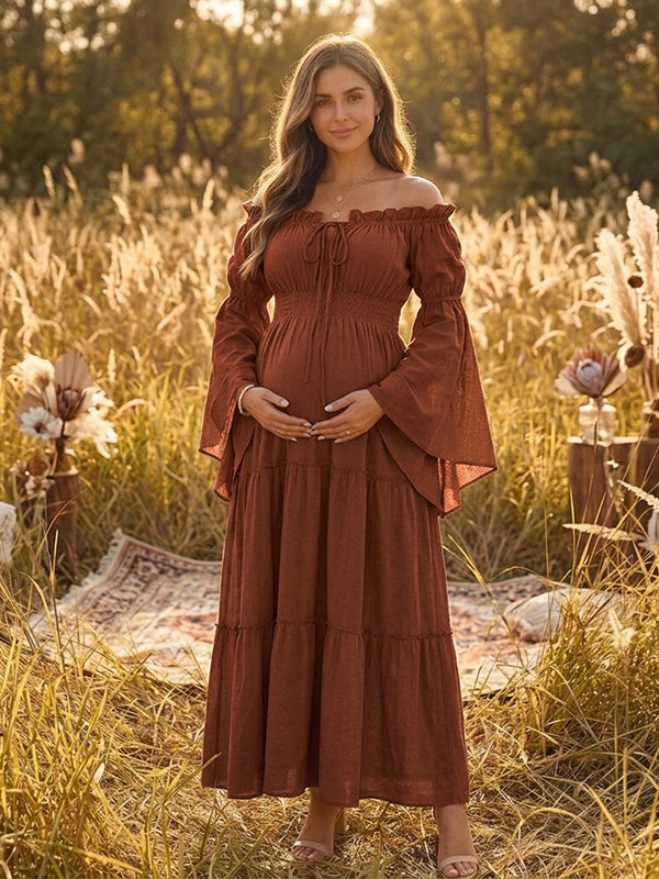 Vestido Premamá Maxi Boho Fluido con Hombros Descubiertos para Sesión de Fotos