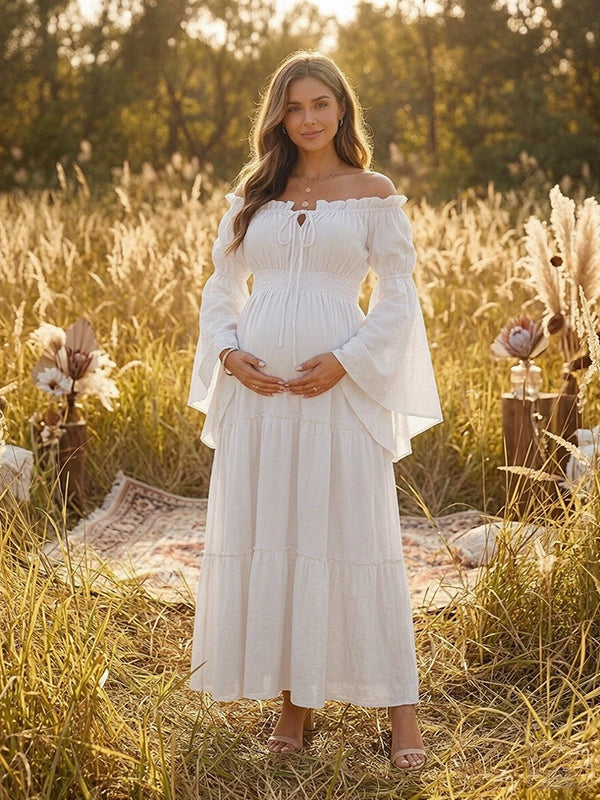 Vestido Premamá Maxi Boho Fluido con Hombros Descubiertos para Sesión de Fotos