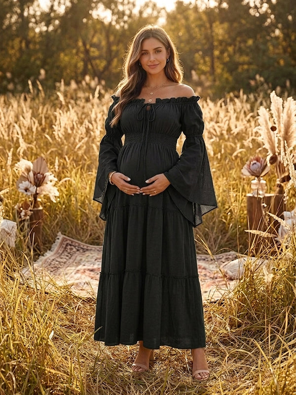 Vestido Premamá Maxi Boho Fluido con Hombros Descubiertos para Sesión de Fotos