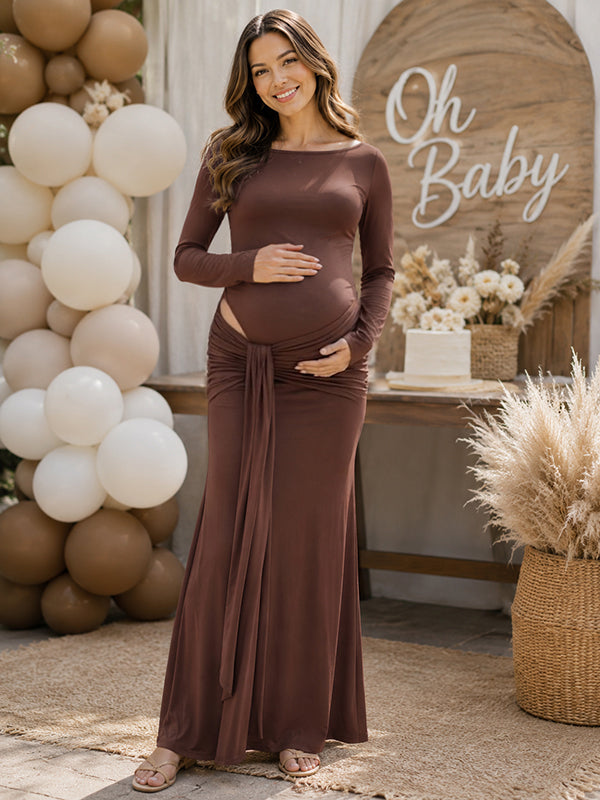 Vestido Premamá Maxi Elegante con Bajo Drapeado para Baby Shower