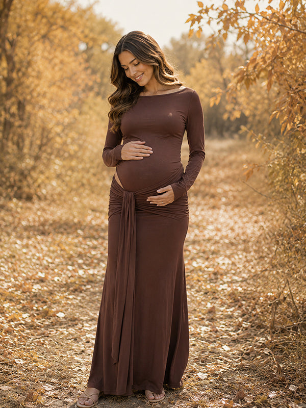 Vestido Premamá Maxi Elegante con Bajo Drapeado para Baby Shower