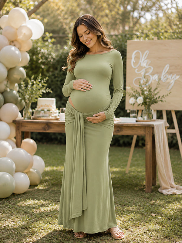 Vestido Premamá Maxi Elegante con Bajo Drapeado para Baby Shower