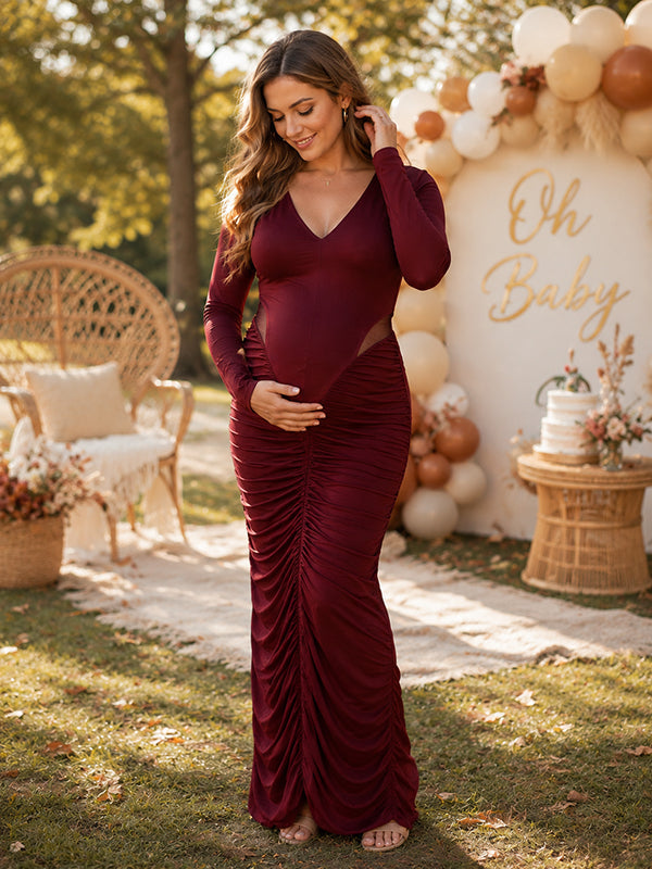 Vestido Premamá Maxi Rojo Elegante con Aberturas para Sesión de Fotos