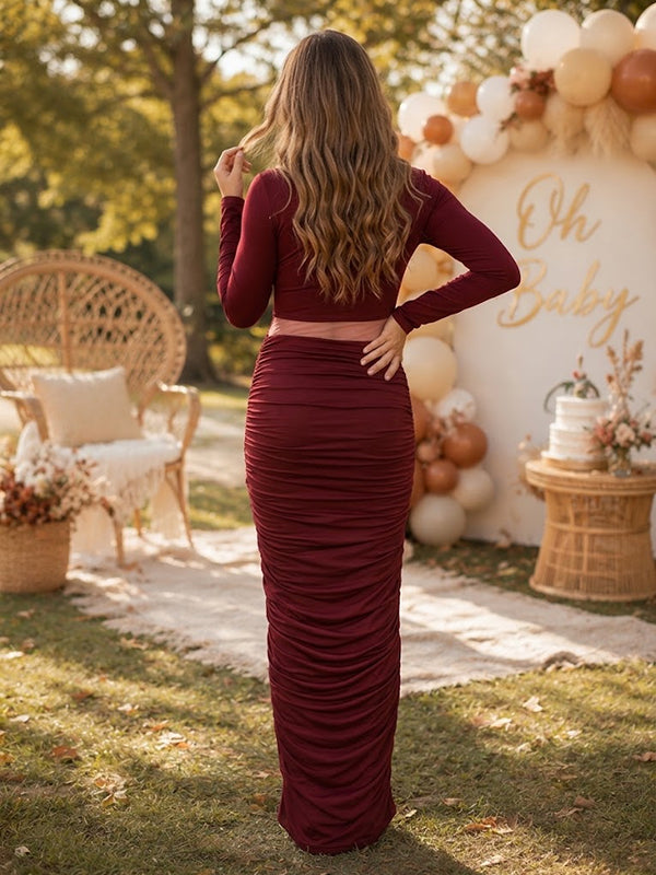 Vestido Premamá Maxi Rojo Elegante con Aberturas para Sesión de Fotos