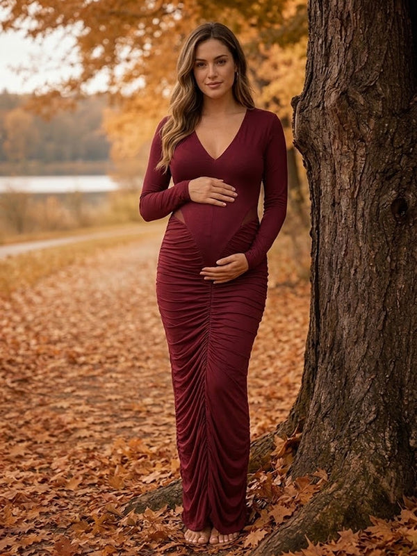 Vestido Premamá Maxi Rojo Elegante con Aberturas para Sesión de Fotos