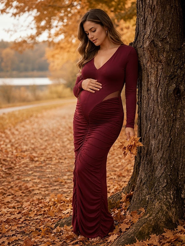 Vestido Premamá Maxi Rojo Elegante con Aberturas para Sesión de Fotos