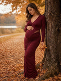 Vestido Premamá Maxi Rojo Elegante con Aberturas para Sesión de Fotos
