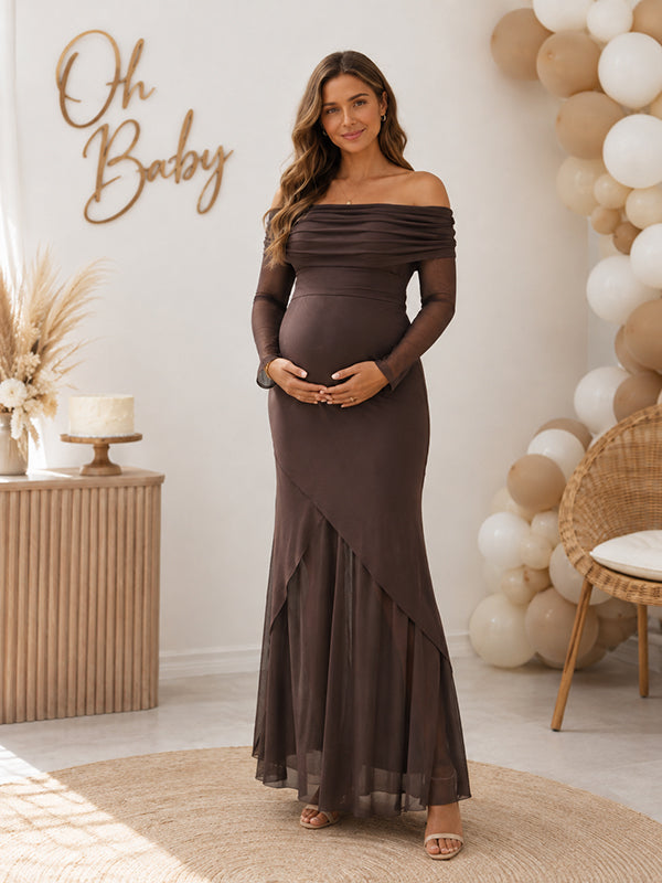 Vestido Premamá Maxi Elegante de Tul con Hombros Descubiertos para Baby Shower