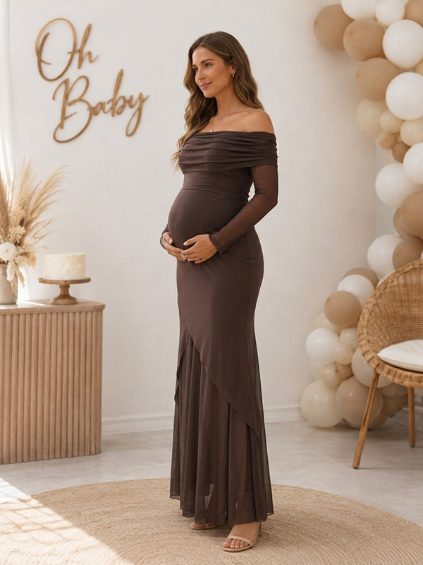 Vestido Premamá Maxi Elegante de Tul con Hombros Descubiertos para Baby Shower