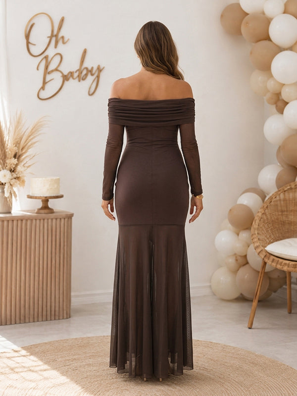 Vestido Premamá Maxi Elegante de Tul con Hombros Descubiertos para Baby Shower