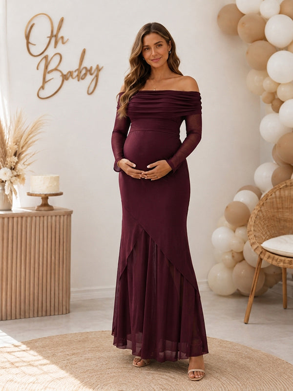 Vestido Premamá Maxi Elegante de Tul con Hombros Descubiertos para Baby Shower