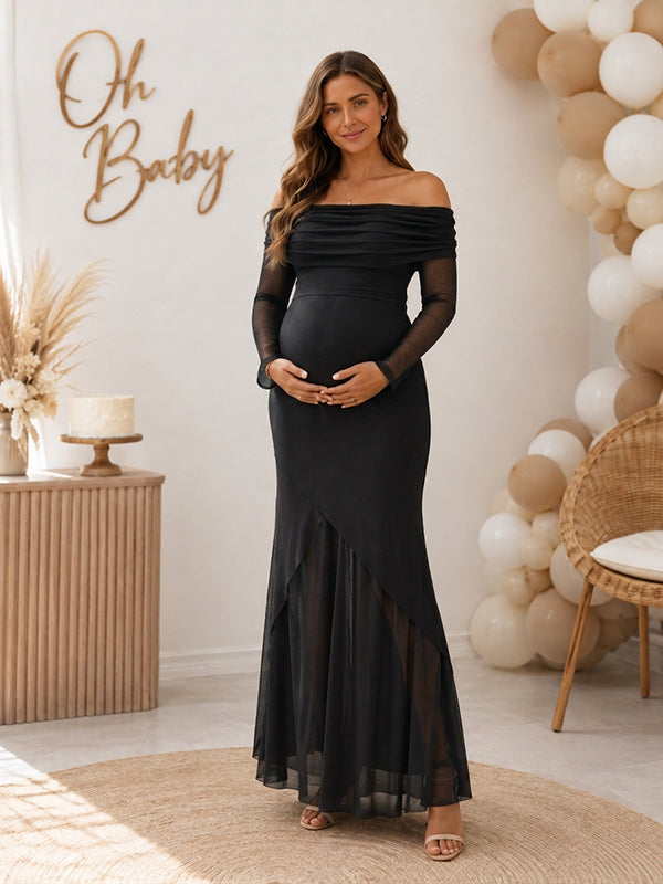 Vestido Premamá Maxi Elegante de Tul con Hombros Descubiertos para Baby Shower