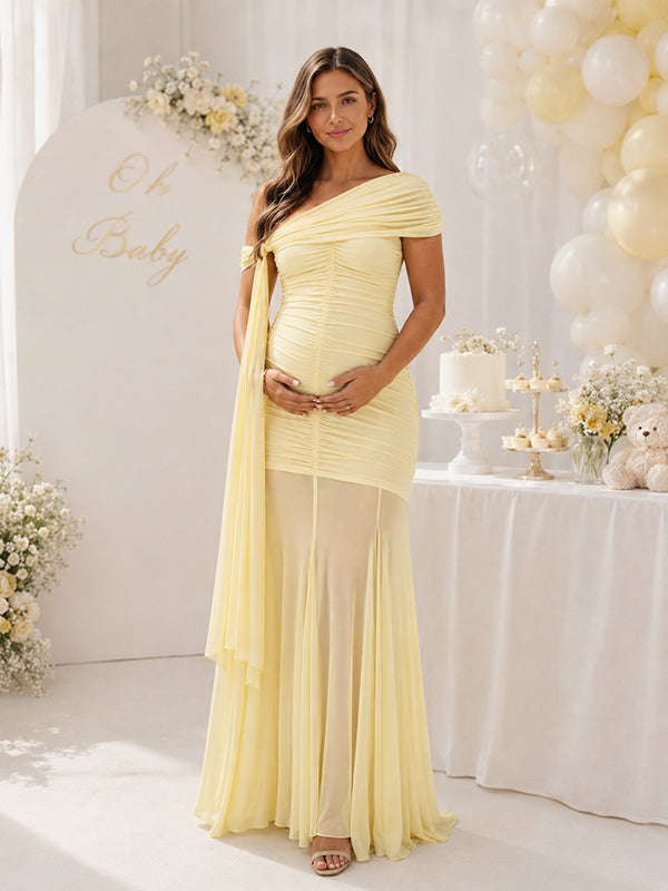 Vestido Premamá Maxi Elegante de Hombro Asimétrico y Tul para Baby Shower
