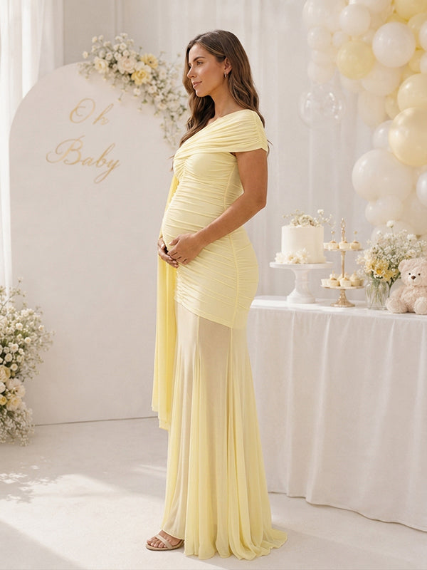 Vestido Premamá Maxi Elegante de Hombro Asimétrico y Tul para Baby Shower