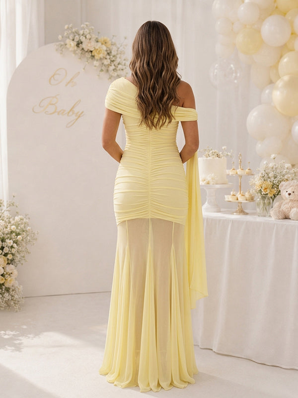 Vestido Premamá Maxi Elegante de Hombro Asimétrico y Tul para Baby Shower