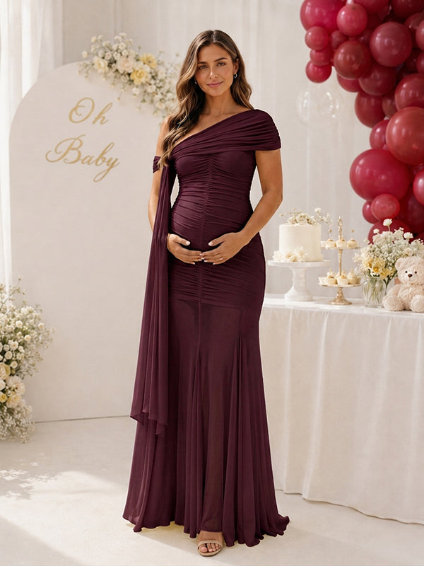 Vestido Premamá Maxi Elegante de Hombro Asimétrico y Tul para Baby Shower