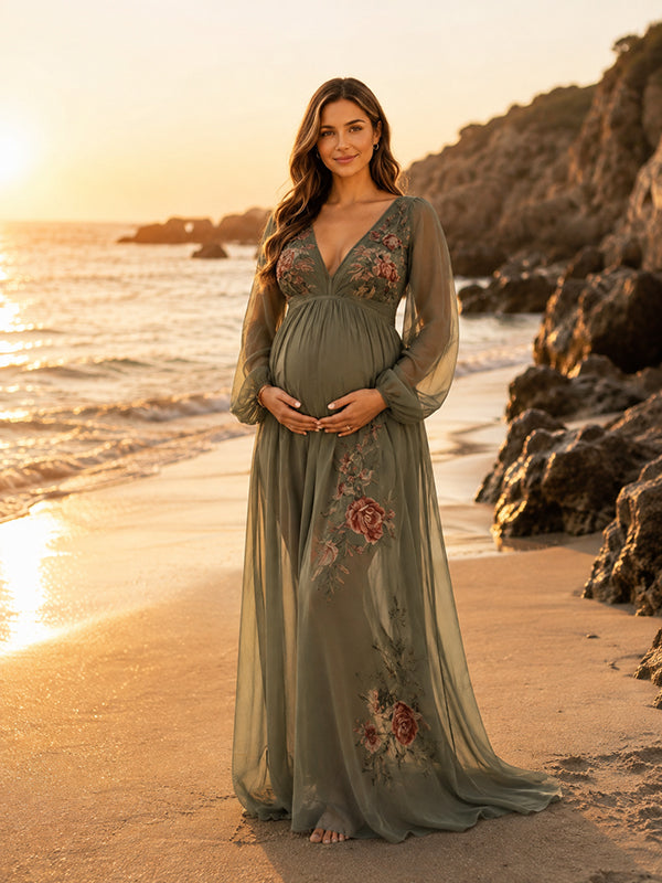 Vestido Premamá Maxi Boho Floral de Tul Fluido para Sesión de Fotos