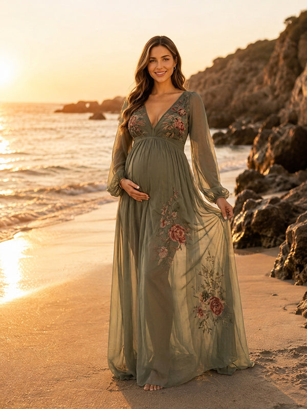 Vestido Premamá Maxi Boho Floral de Tul Fluido para Sesión de Fotos