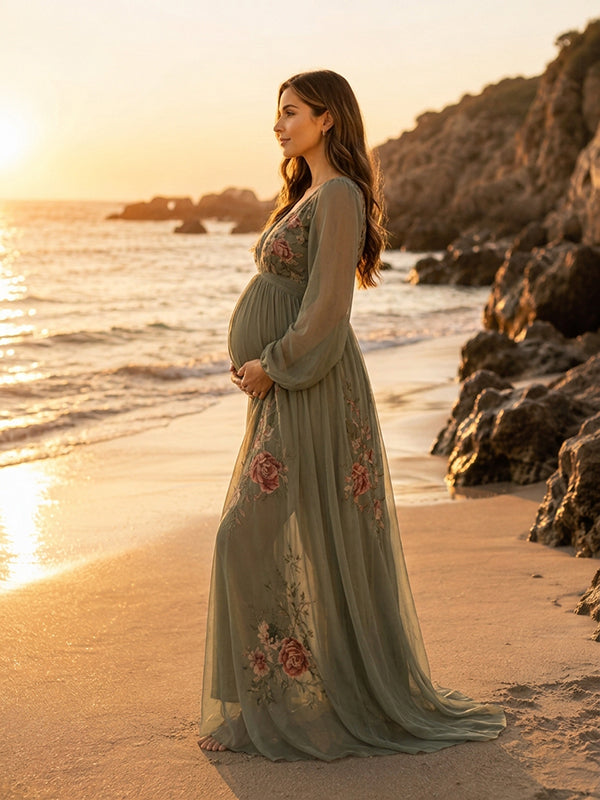 Vestido Premamá Maxi Boho Floral de Tul Fluido para Sesión de Fotos