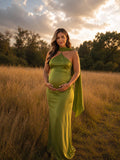 Vestido Premamá Maxi Verde de Espalda Descubierta con Lazos para Sesión de Fotos