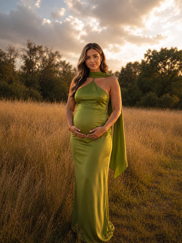 Vestido Premamá Maxi Verde de Espalda Descubierta con Lazos para Sesión de Fotos
