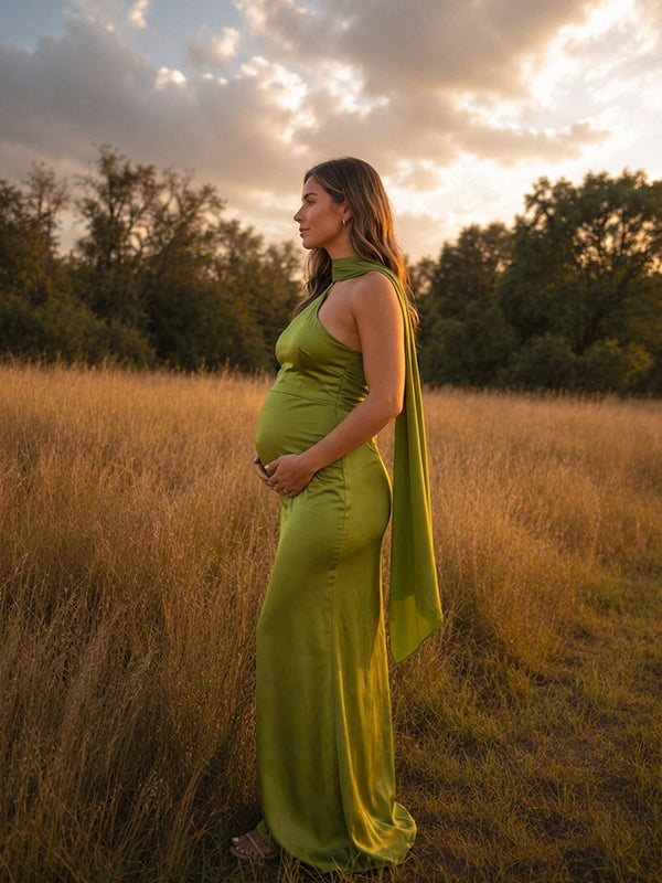 Vestido Premamá Maxi Verde de Espalda Descubierta con Lazos para Sesión de Fotos