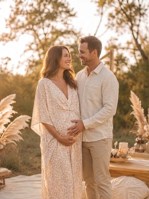 Vestido Premamá Maxi Beige de Leopardo Fluido para Sesión de Fotos