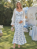 Vestido Premamá Maxi Azul Floral Elegante para Baby Shower